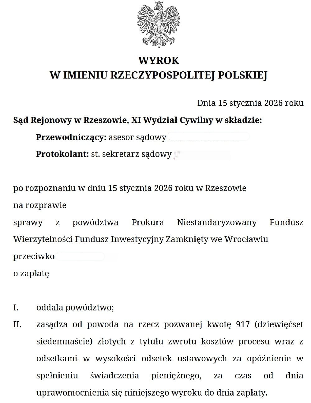 Wyrok sądu w Rzeszowie w sprawie refinansowanej chwilówki - oddalenie powództwa