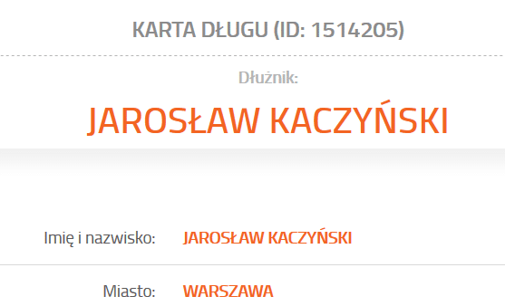 Jarosław Kaczyński ma długi - informacja o tym prezentowana na giełdzie długów