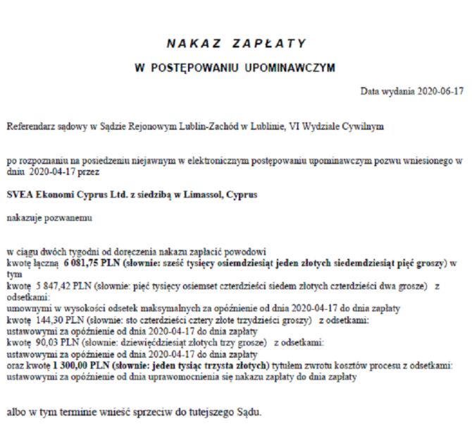 Nakaz zapłaty dla SVEA Ekonomi Cyprus Ltd. wydany przez e-sąd w Lublinie