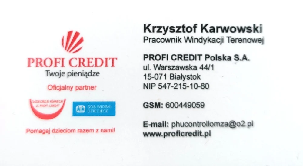 Przedsiębiorca windykujący na zlecenie Profi Credit Polska i jego wizytówka firmowa - 