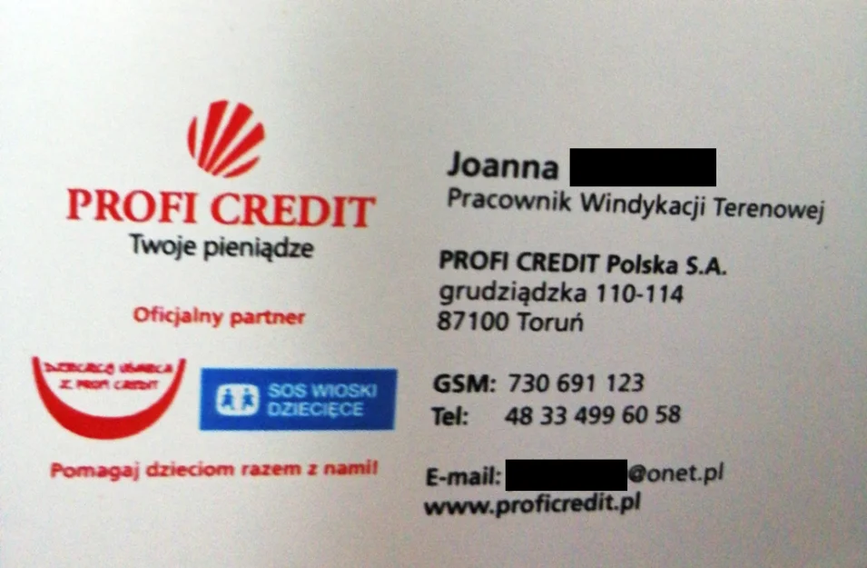 profi Credit windykacja - wizytówka windykatora terenowego