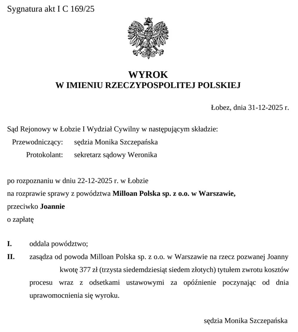 Wyrok sądu z Łobzie w sprawie z powództwa Miloan - wygrana dłużnika